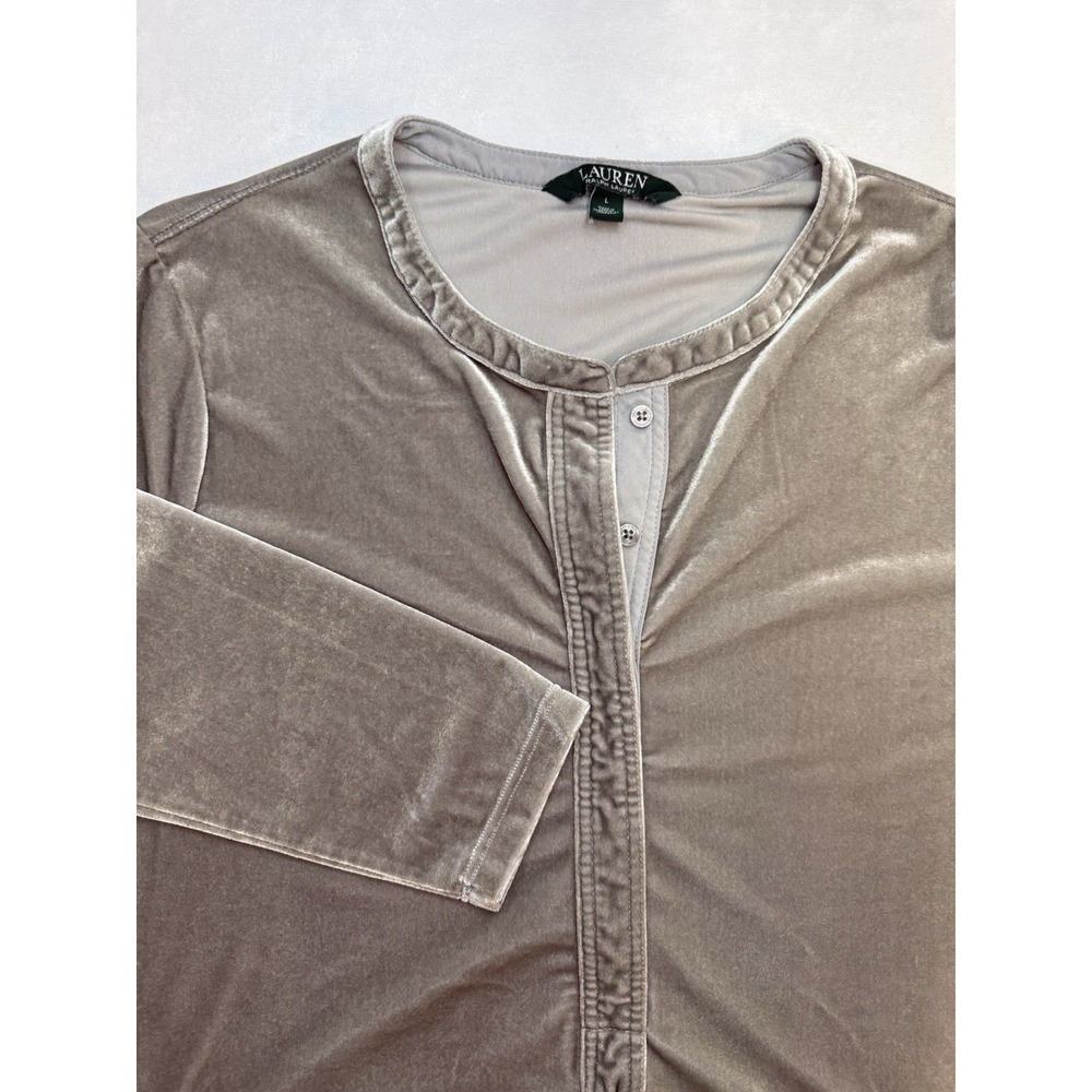 Lauren Ralph Lauren Velvet Tunic Top Grey Long Sleeve Hidden Button Blouse L